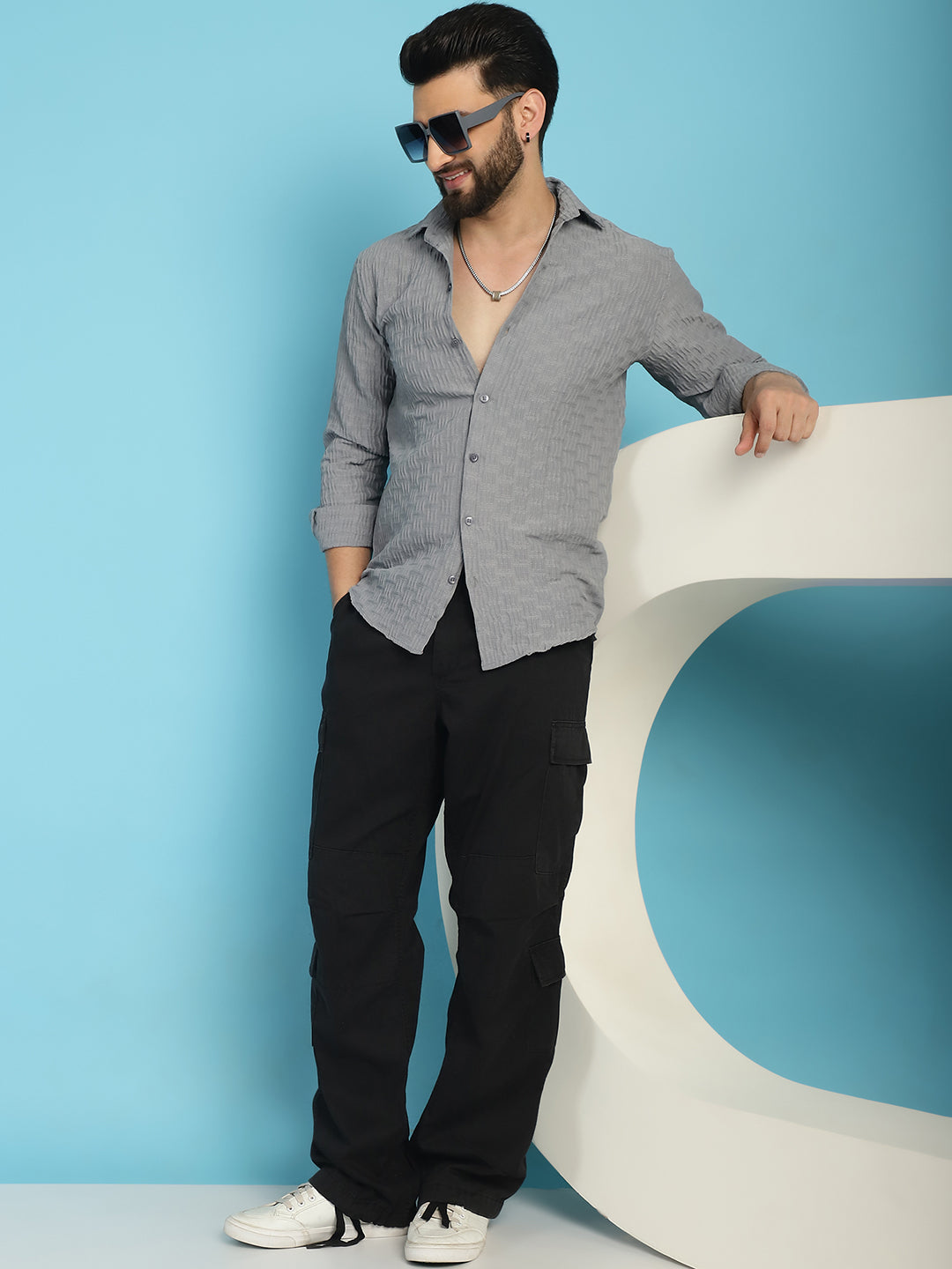 Indian Needle Men's Woven Design Casual Shirt - Light-Grey | Swadesiicart