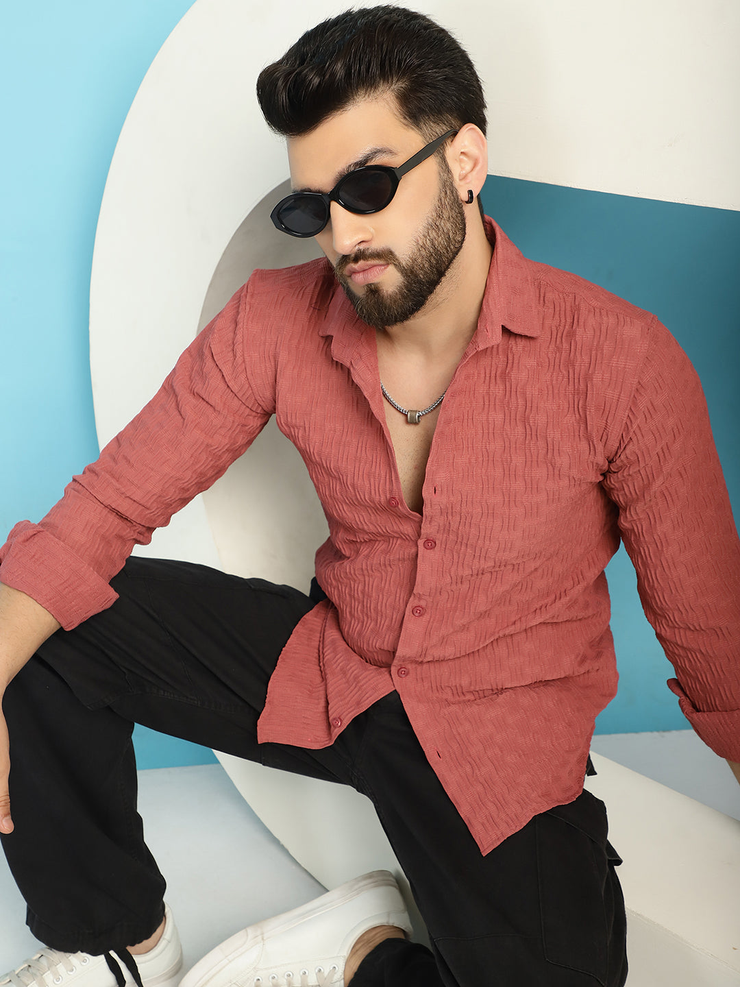 Indian Needle Men's Woven Design Casual Shirt - Peach | Swadesiicart