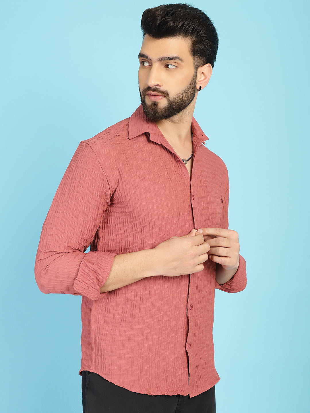 Indian Needle Men's Woven Design Casual Shirt - Peach | Swadesiicart