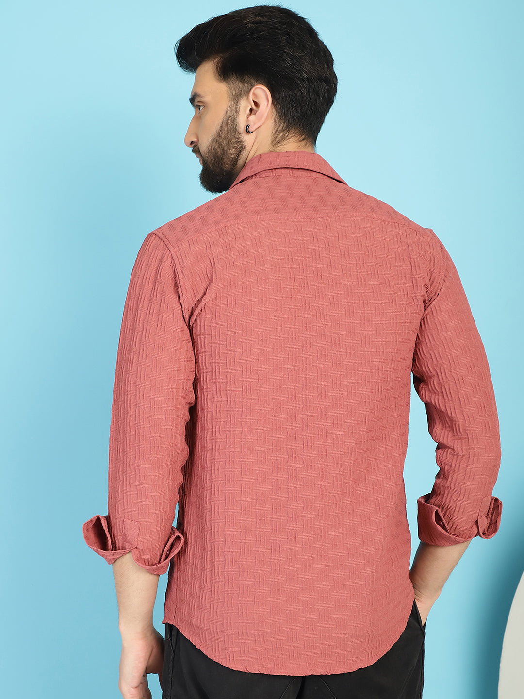 Indian Needle Men's Woven Design Casual Shirt - Peach | Swadesiicart