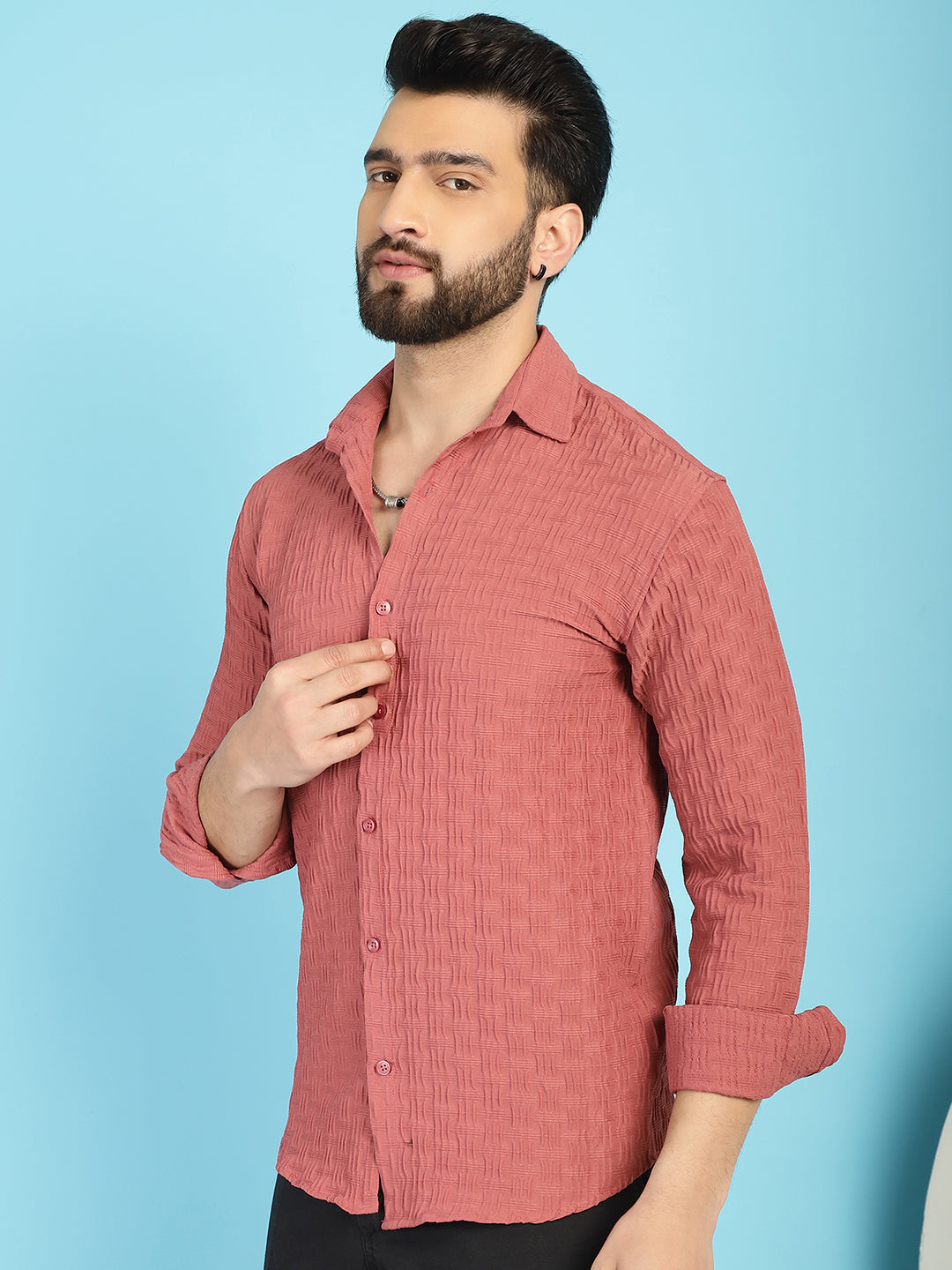 Indian Needle Men's Woven Design Casual Shirt - Peach | Swadesiicart