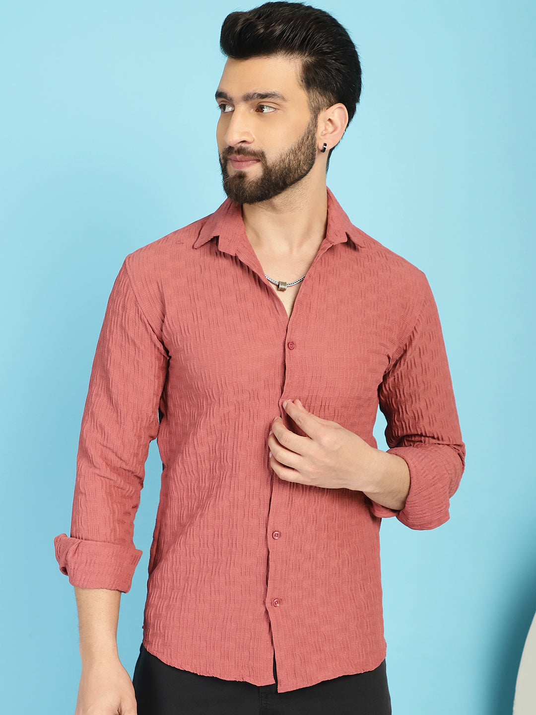 Indian Needle Men's Woven Design Casual Shirt - Peach | Swadesiicart