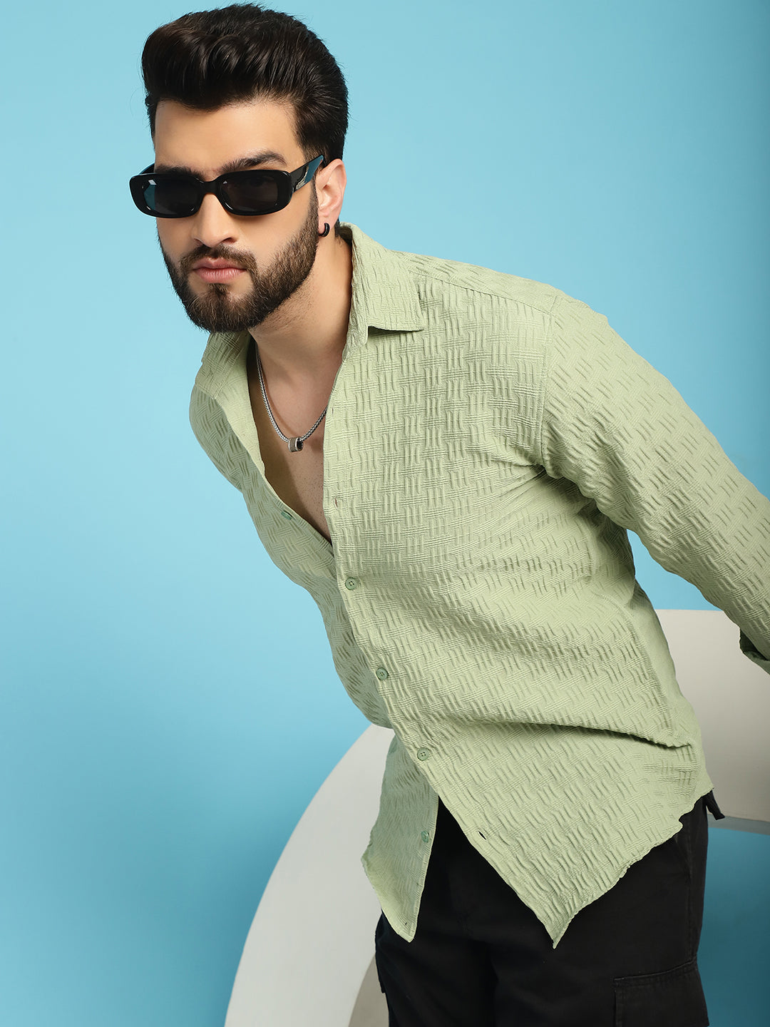 Indian Needle Men's Woven Design Casual Shirt - Pista | Swadesiicart