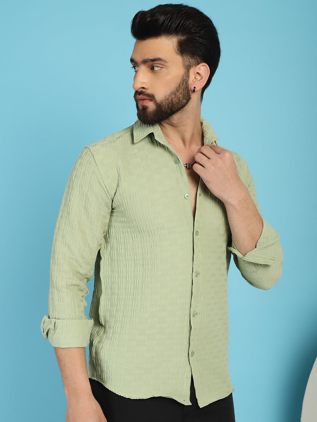 Indian Needle Men's Woven Design Casual Shirt - Pista | Swadesiicart