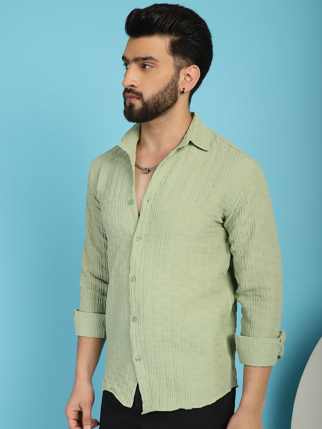 Indian Needle Men's Woven Design Casual Shirt - Pista | Swadesiicart