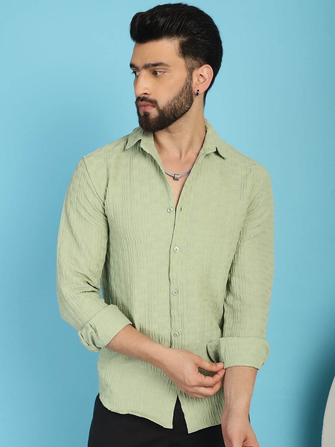 Indian Needle Men's Woven Design Casual Shirt - Pista | Swadesiicart