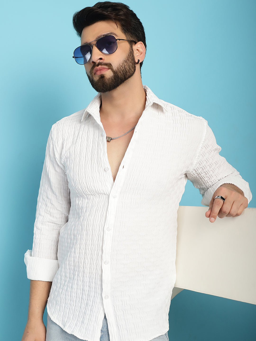 Indian Needle Men's Woven Design Casual Shirt - White | Swadesiicart