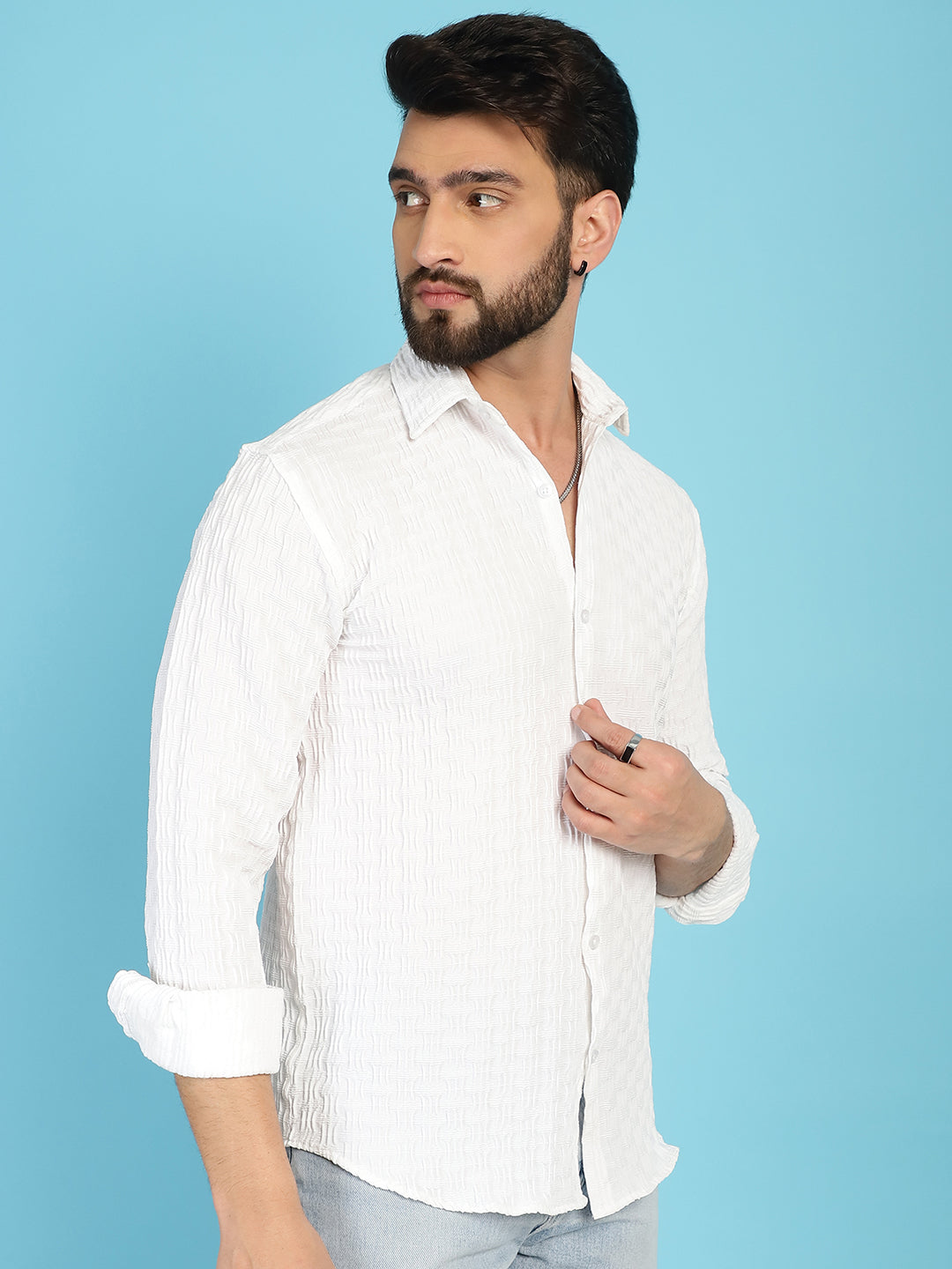 Indian Needle Men's Woven Design Casual Shirt - White | Swadesiicart