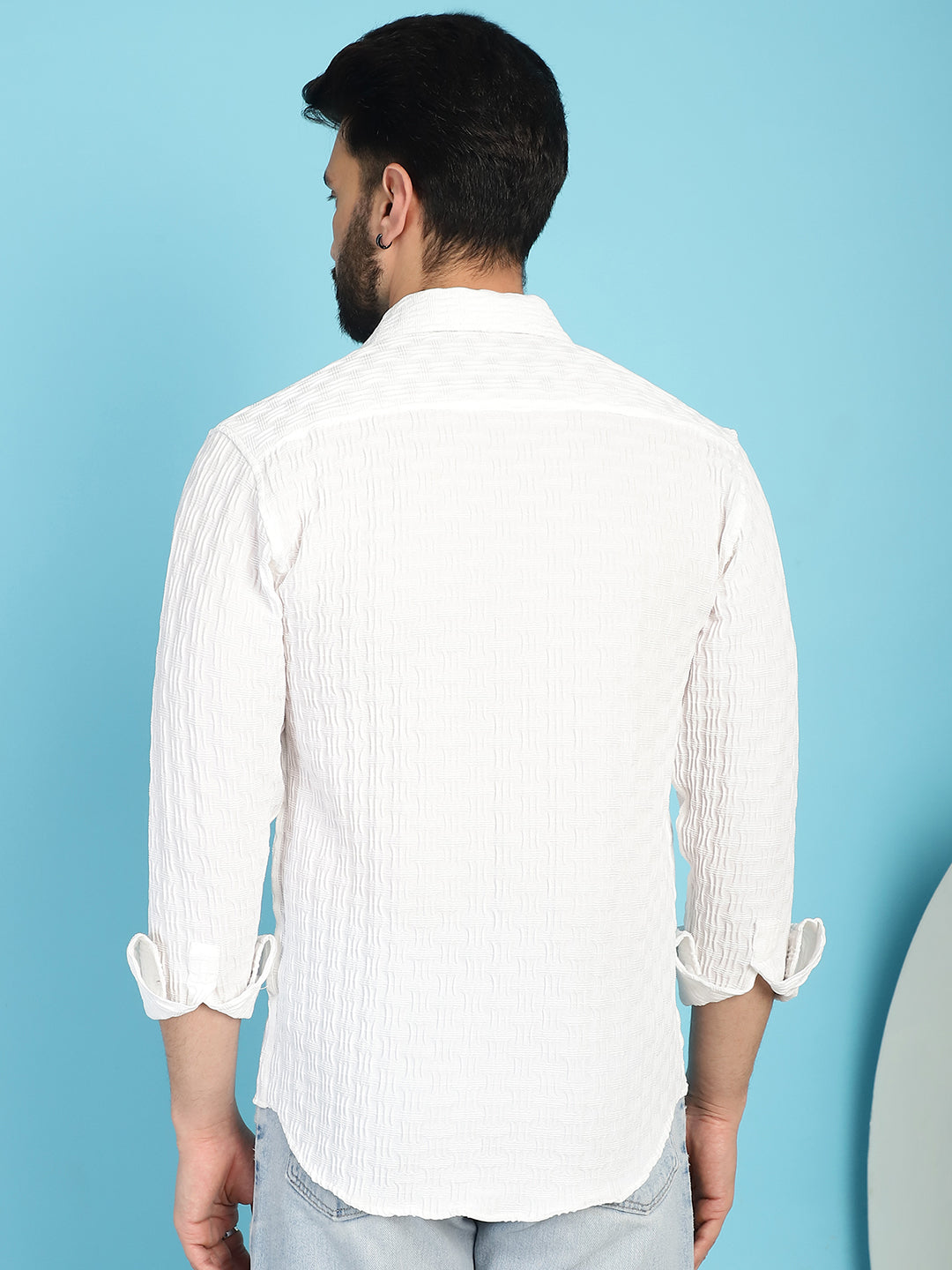 Indian Needle Men's Woven Design Casual Shirt - White | Swadesiicart