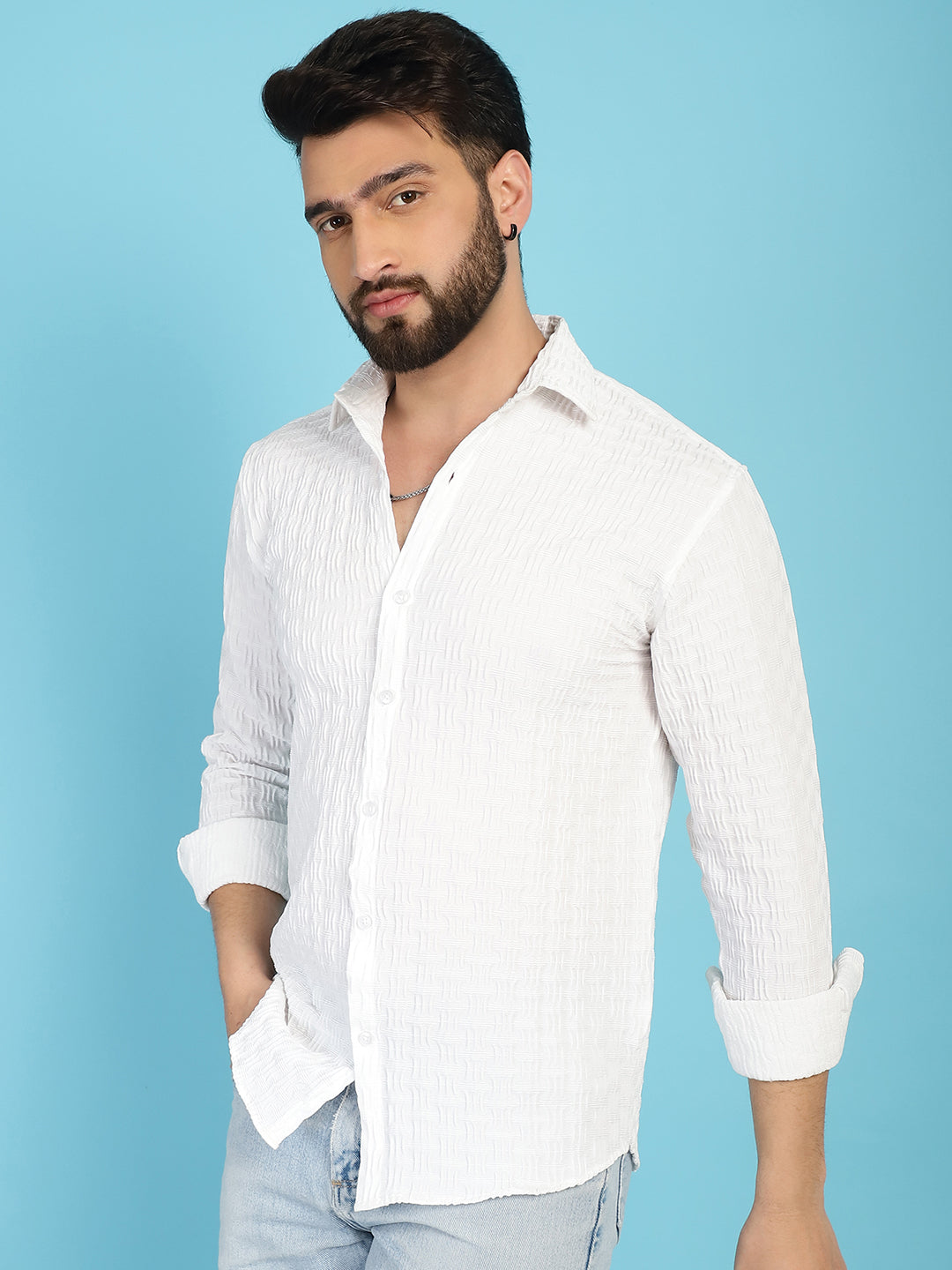 Indian Needle Men's Woven Design Casual Shirt - White | Swadesiicart