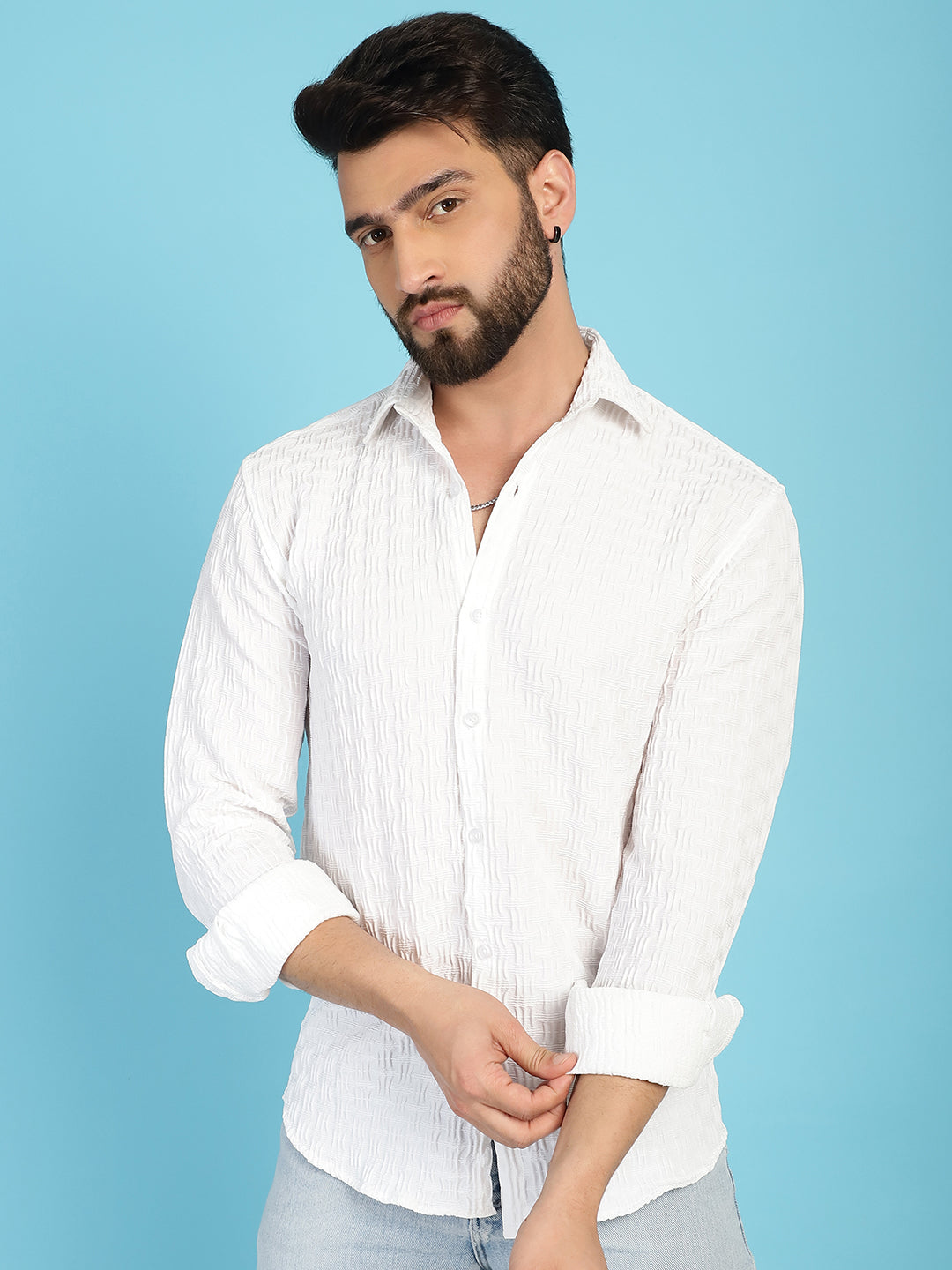 Indian Needle Men's Woven Design Casual Shirt - White | Swadesiicart