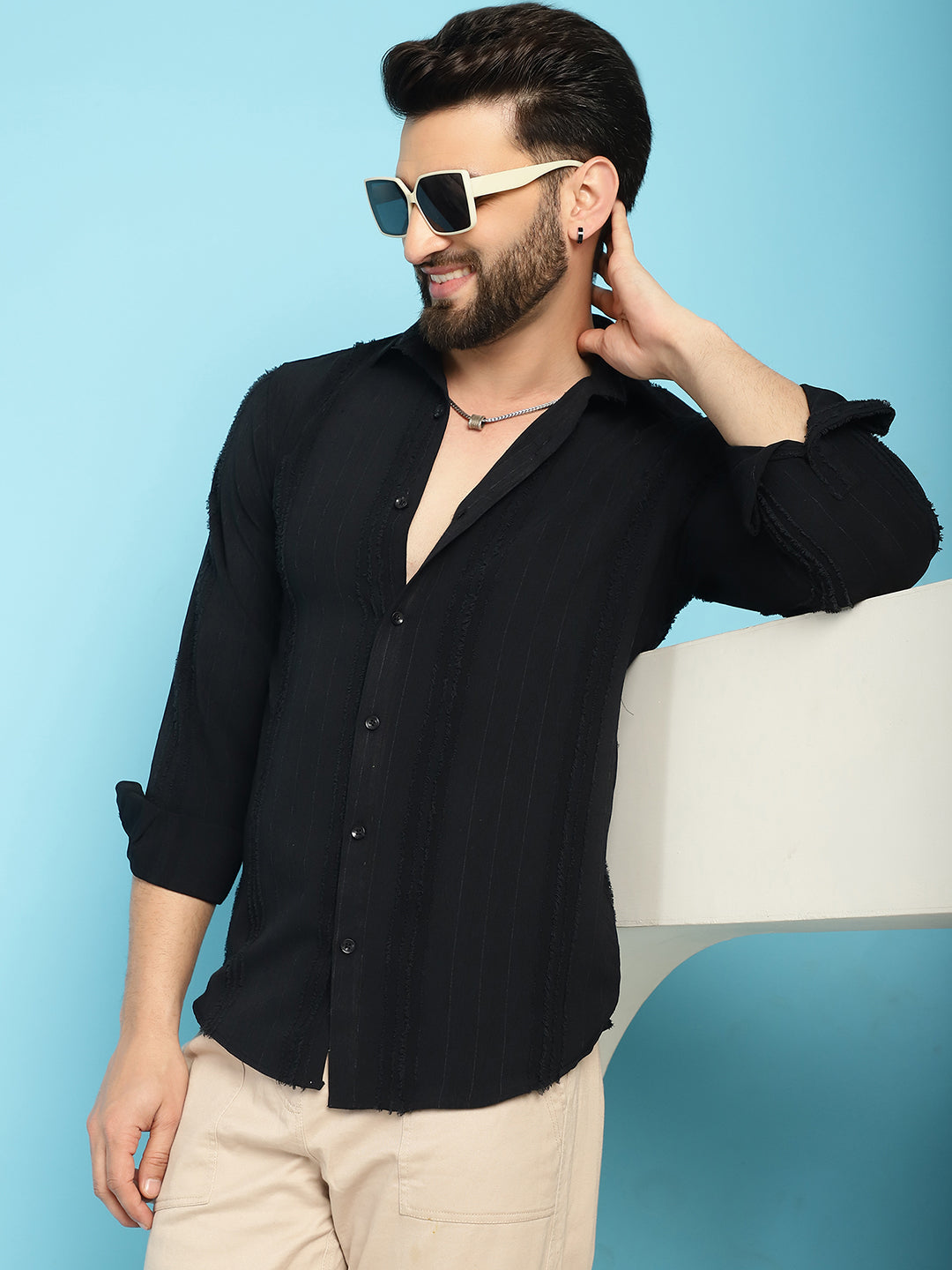 Indian Needle Men's Self Design Casual Shirt - Black | Swadesiicart