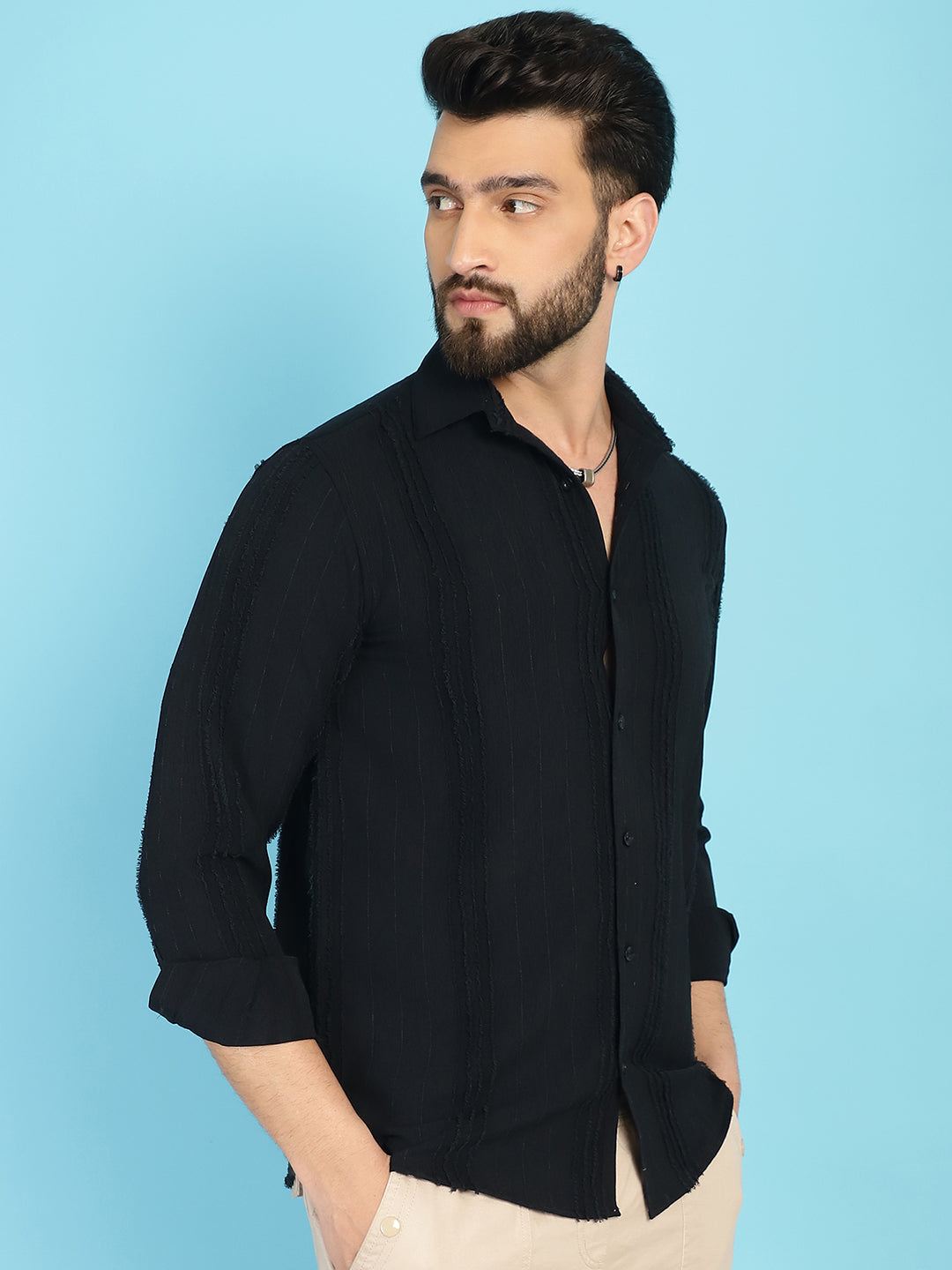 Indian Needle Men's Self Design Casual Shirt - Black | Swadesiicart