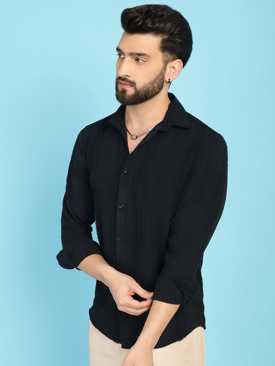 Indian Needle Men's Self Design Casual Shirt - Black | Swadesiicart