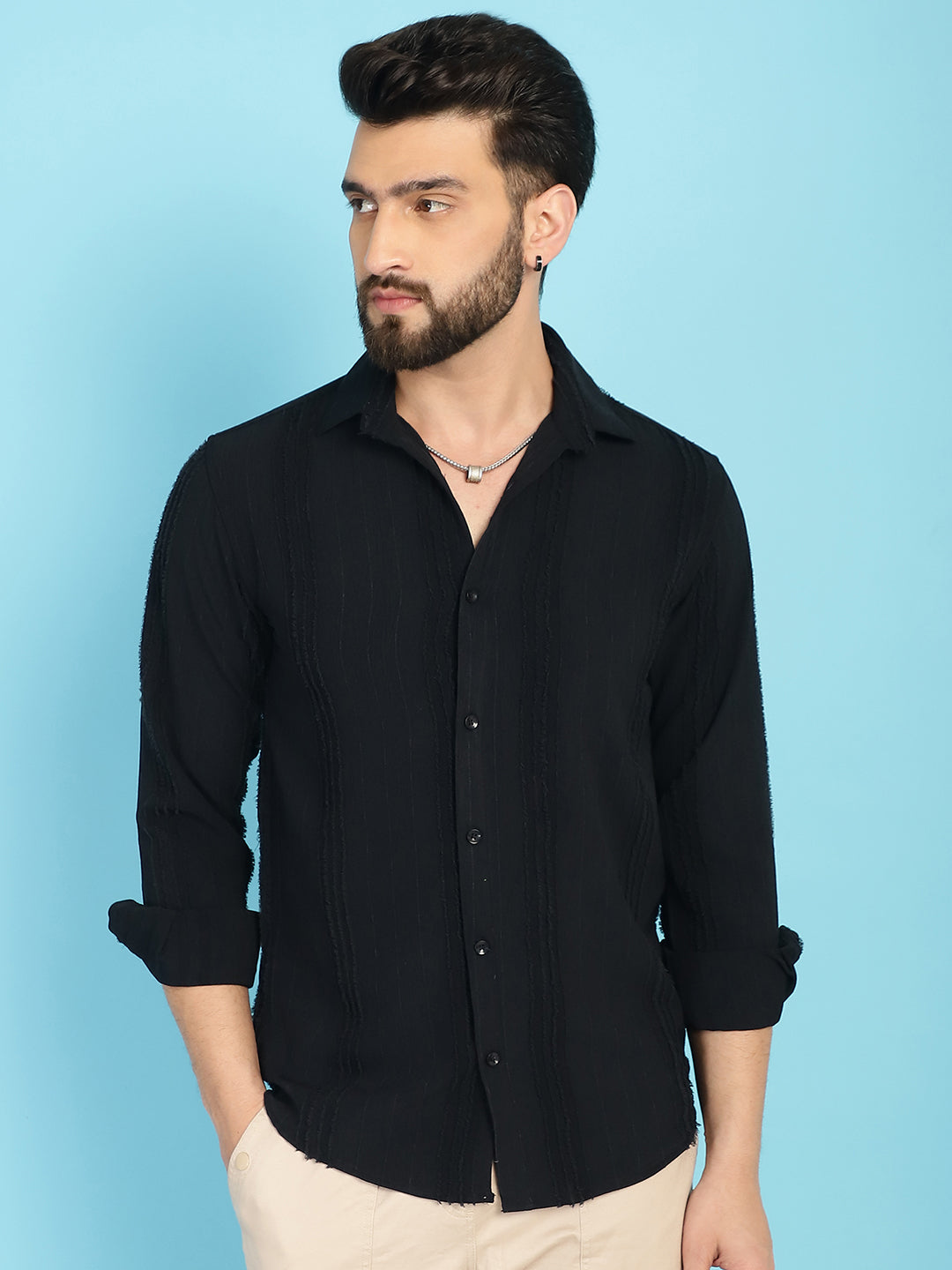 Indian Needle Men's Self Design Casual Shirt - Black | Swadesiicart
