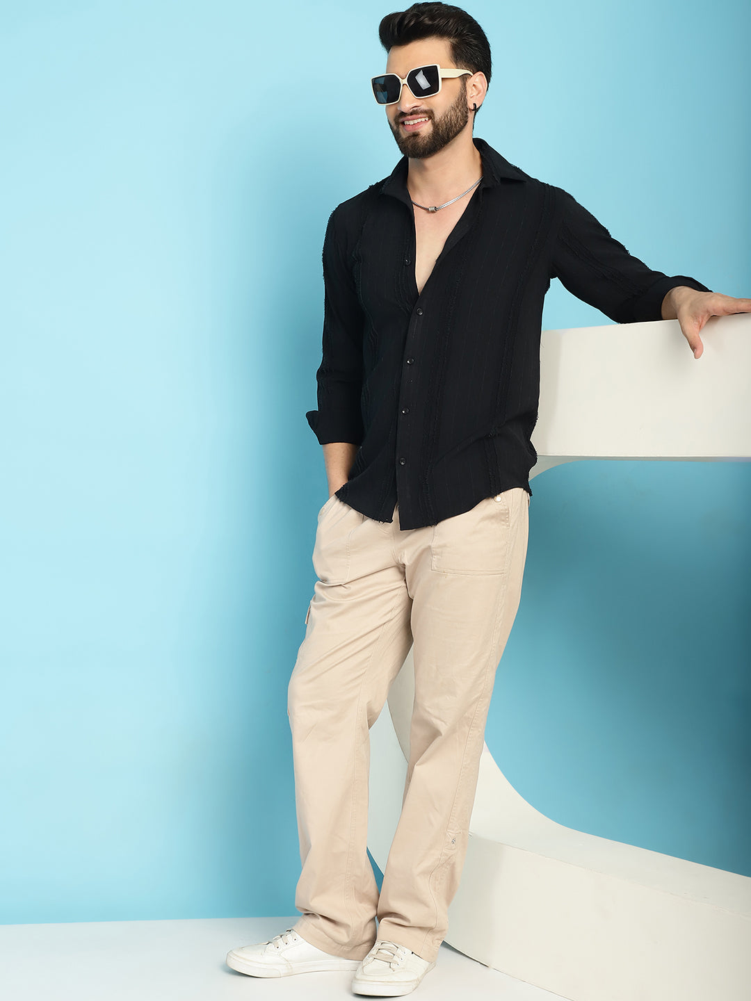 Indian Needle Men's Self Design Casual Shirt - Black | Swadesiicart