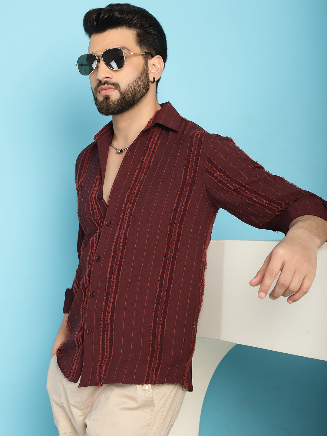Indian Needle Men's Self Design Casual Shirt - Brown | Swadesiicart