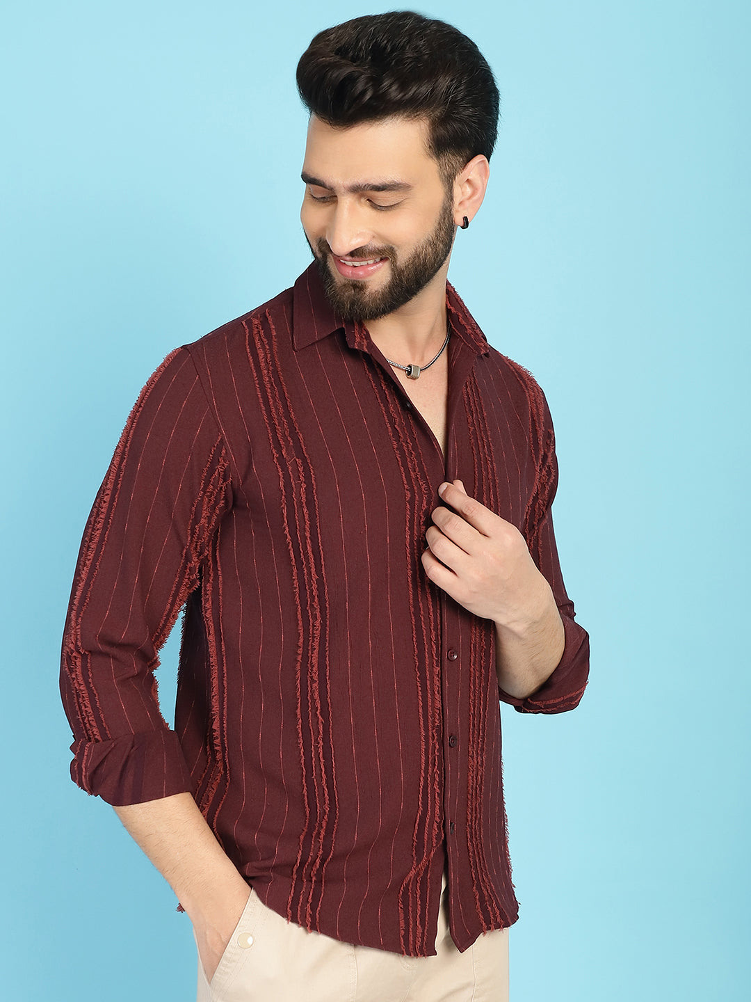Indian Needle Men's Self Design Casual Shirt - Brown | Swadesiicart