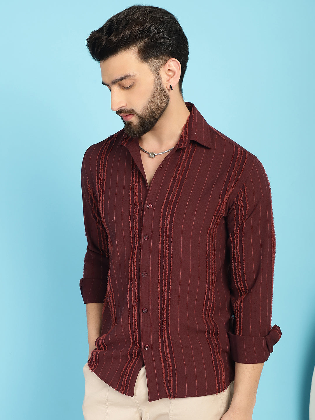 Indian Needle Men's Self Design Casual Shirt - Brown | Swadesiicart