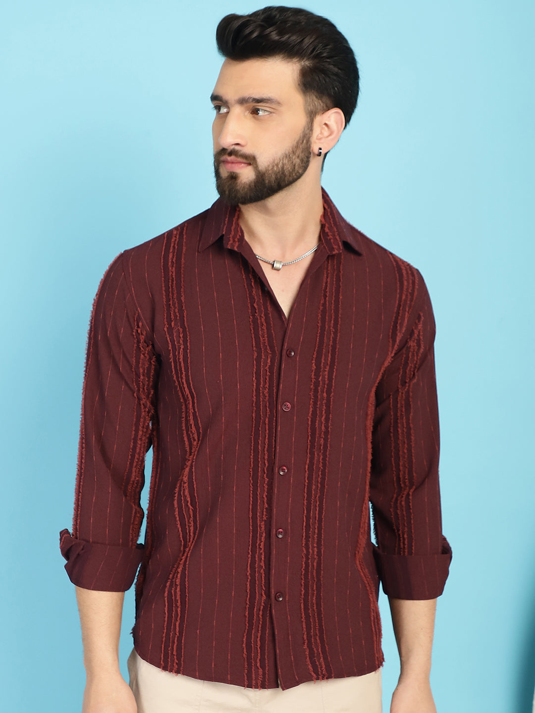 Indian Needle Men's Self Design Casual Shirt - Brown | Swadesiicart