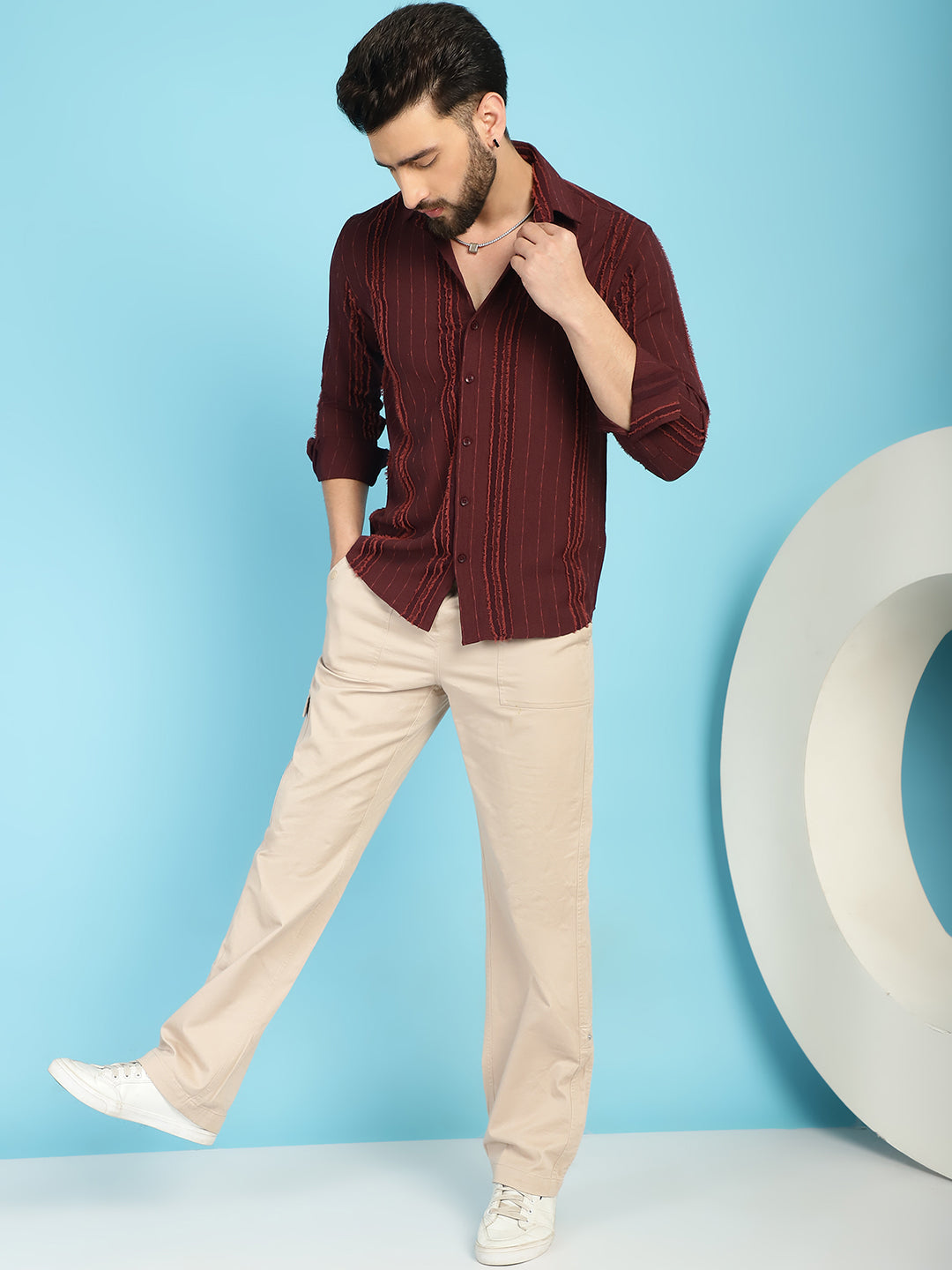 Indian Needle Men's Self Design Casual Shirt - Brown | Swadesiicart