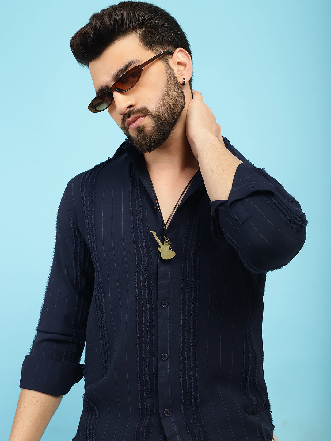Indian Needle Men's Self Design Casual Shirt - Navy Blue | Swadesiicart