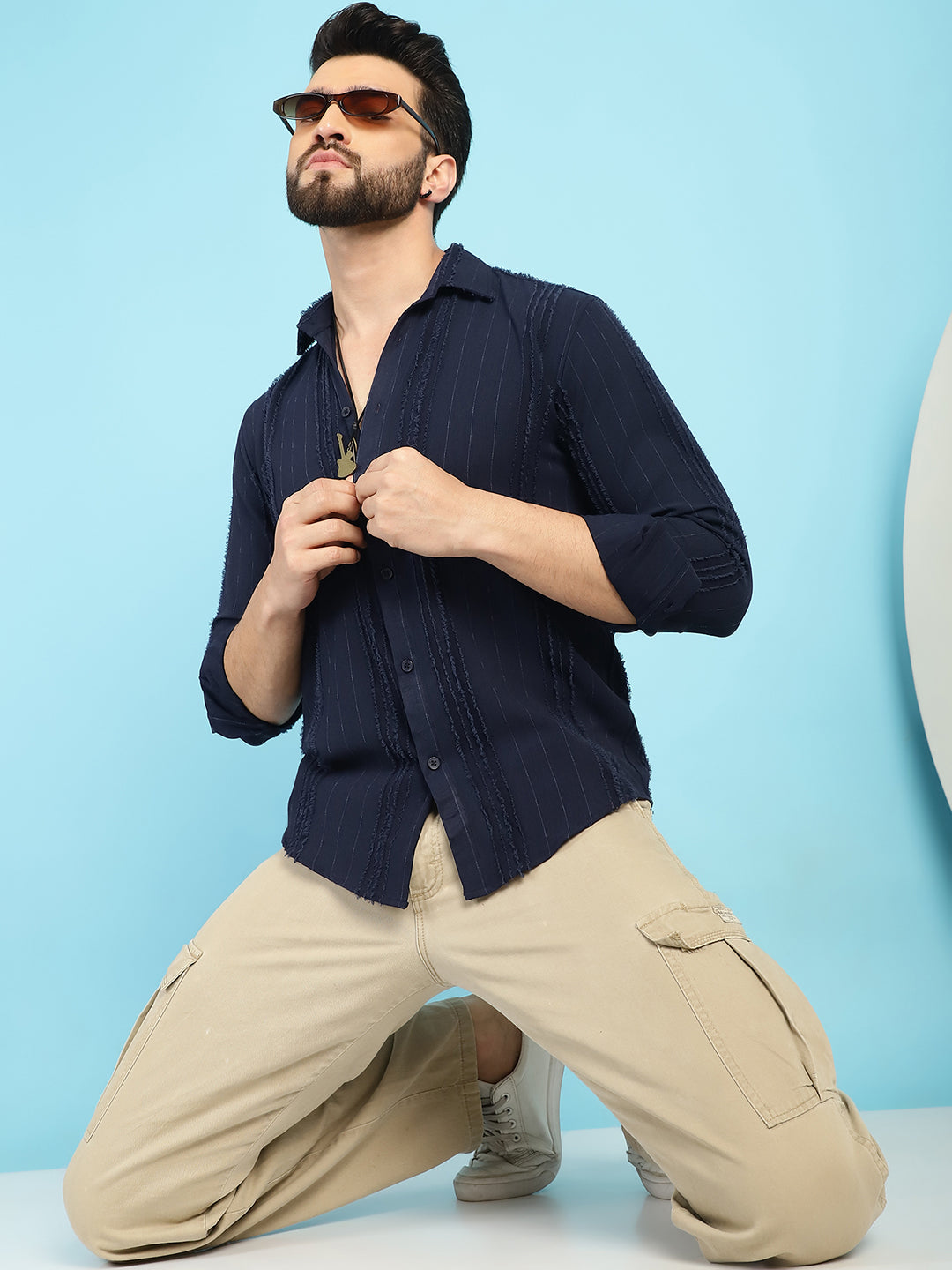 Indian Needle Men's Self Design Casual Shirt - Navy Blue | Swadesiicart