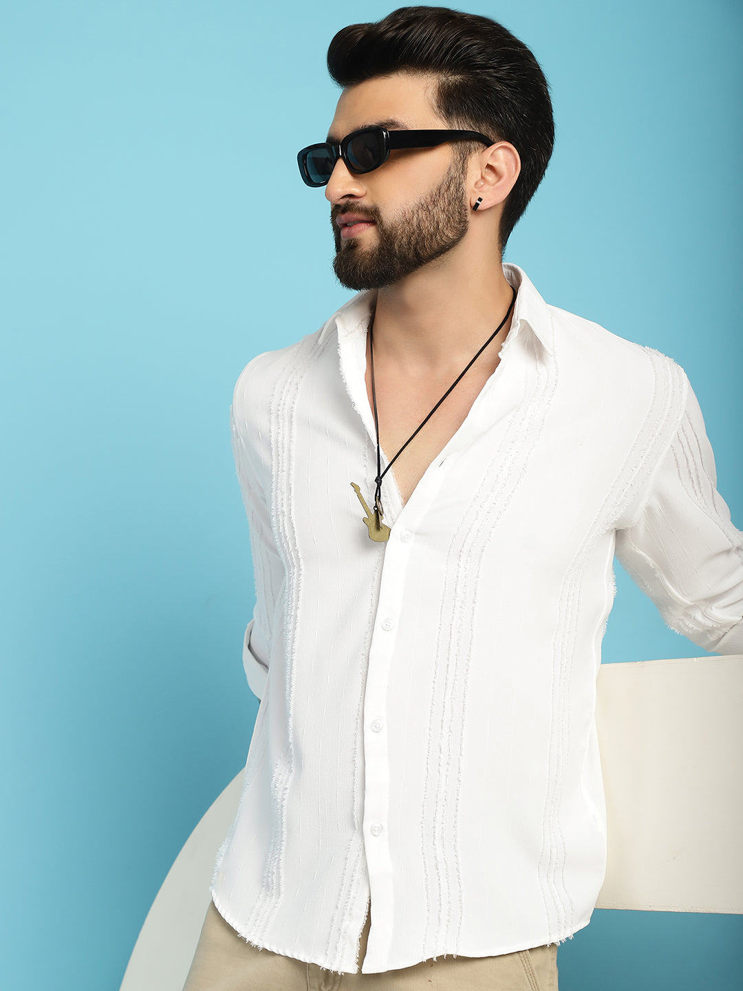 Indian Needle Men's Self Design Casual Shirt - White | Swadesiicart