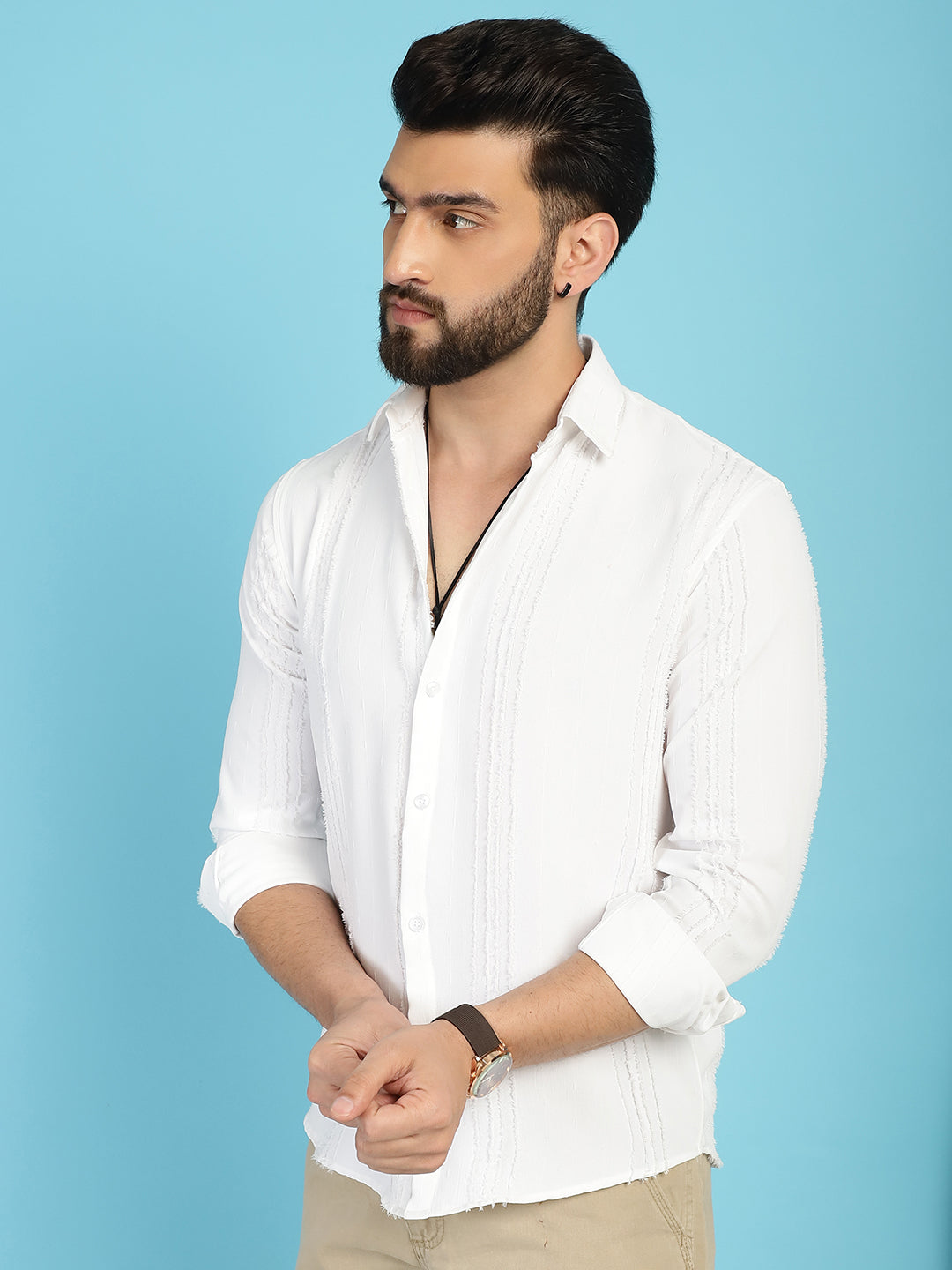 Indian Needle Men's Self Design Casual Shirt - White | Swadesiicart