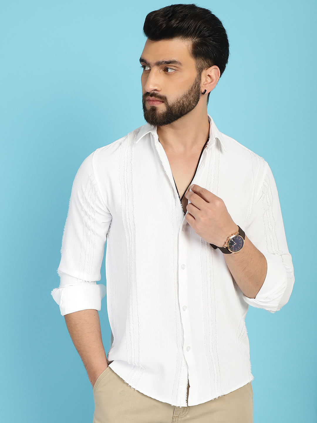 Indian Needle Men's Self Design Casual Shirt - White | Swadesiicart