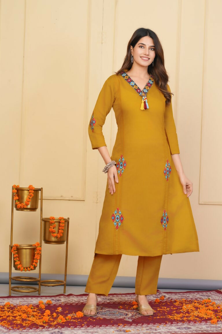 Mustered Viscose Chanderi Embroidered Stitched Suit With Dupatta - Tanisha | Swadesiicart