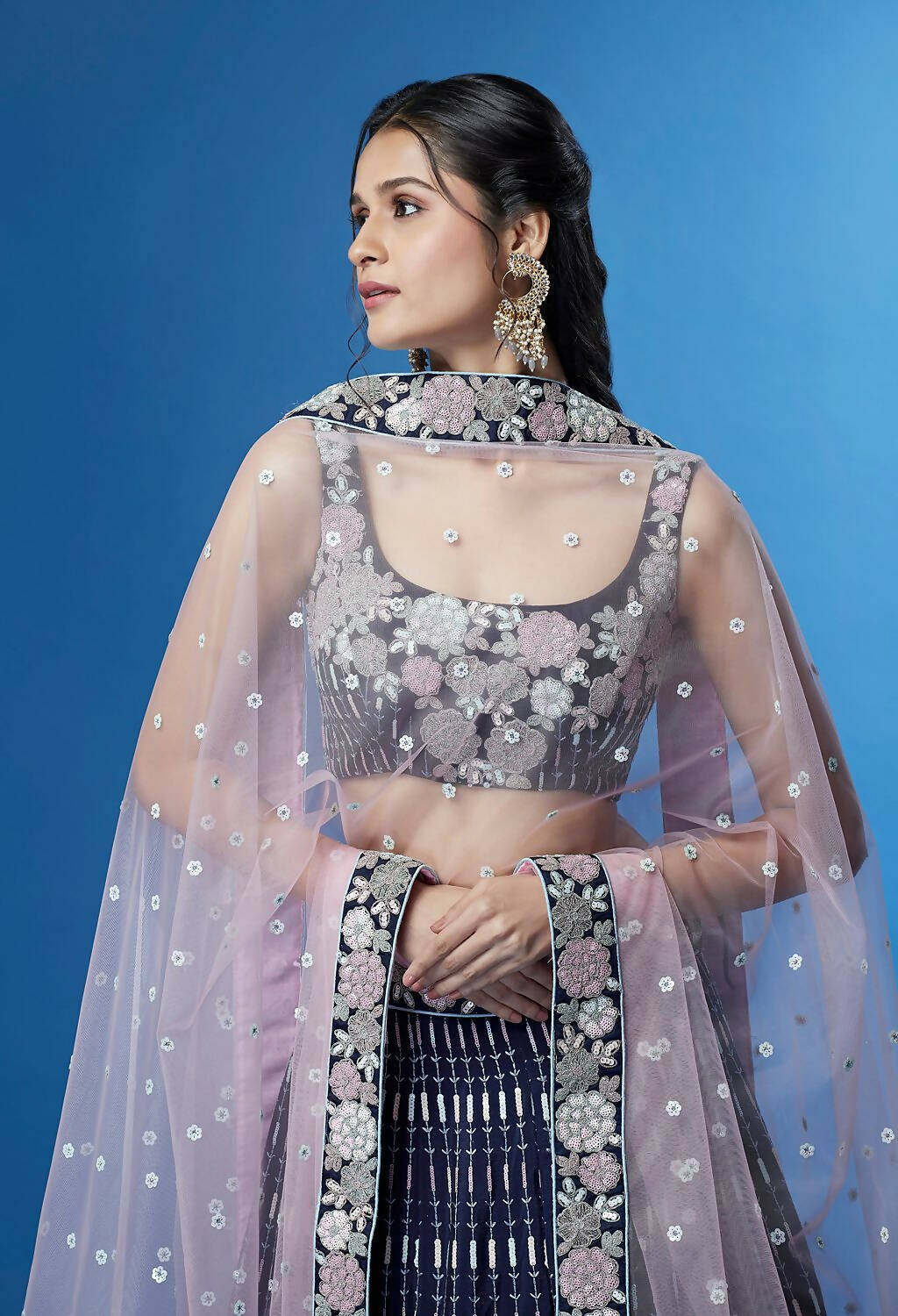 House of Panchhi Navy Blue Color Georgette Multi-Sequins Work Lehenga | Swadesiicart