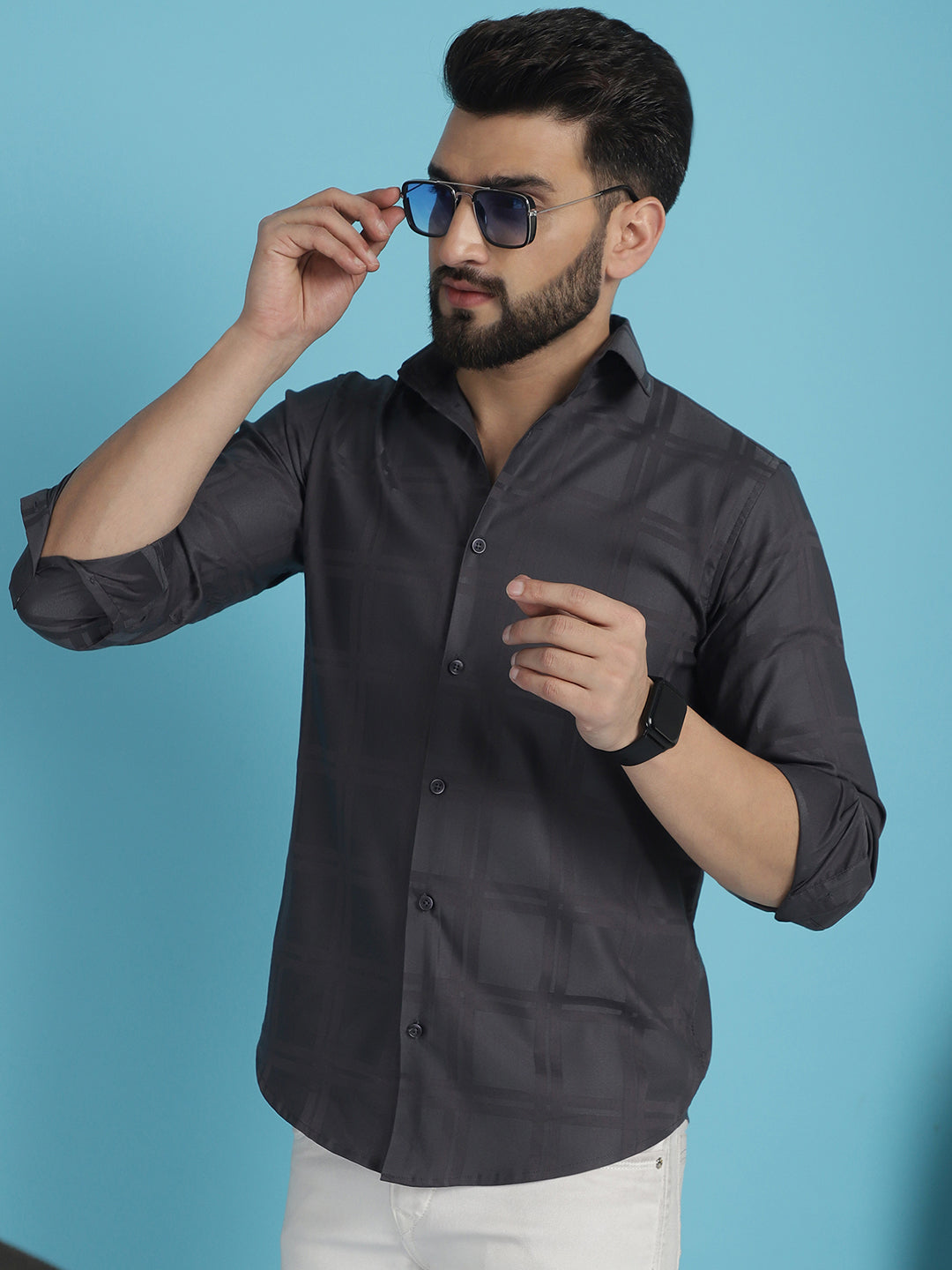 Indian Needle Men's Charcoal Grey Checked Casual Shirt | Swadesiicart