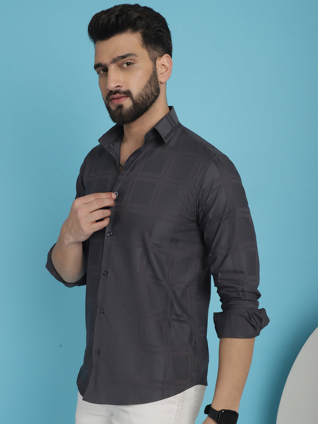 Indian Needle Men's Charcoal Grey Checked Casual Shirt | Swadesiicart