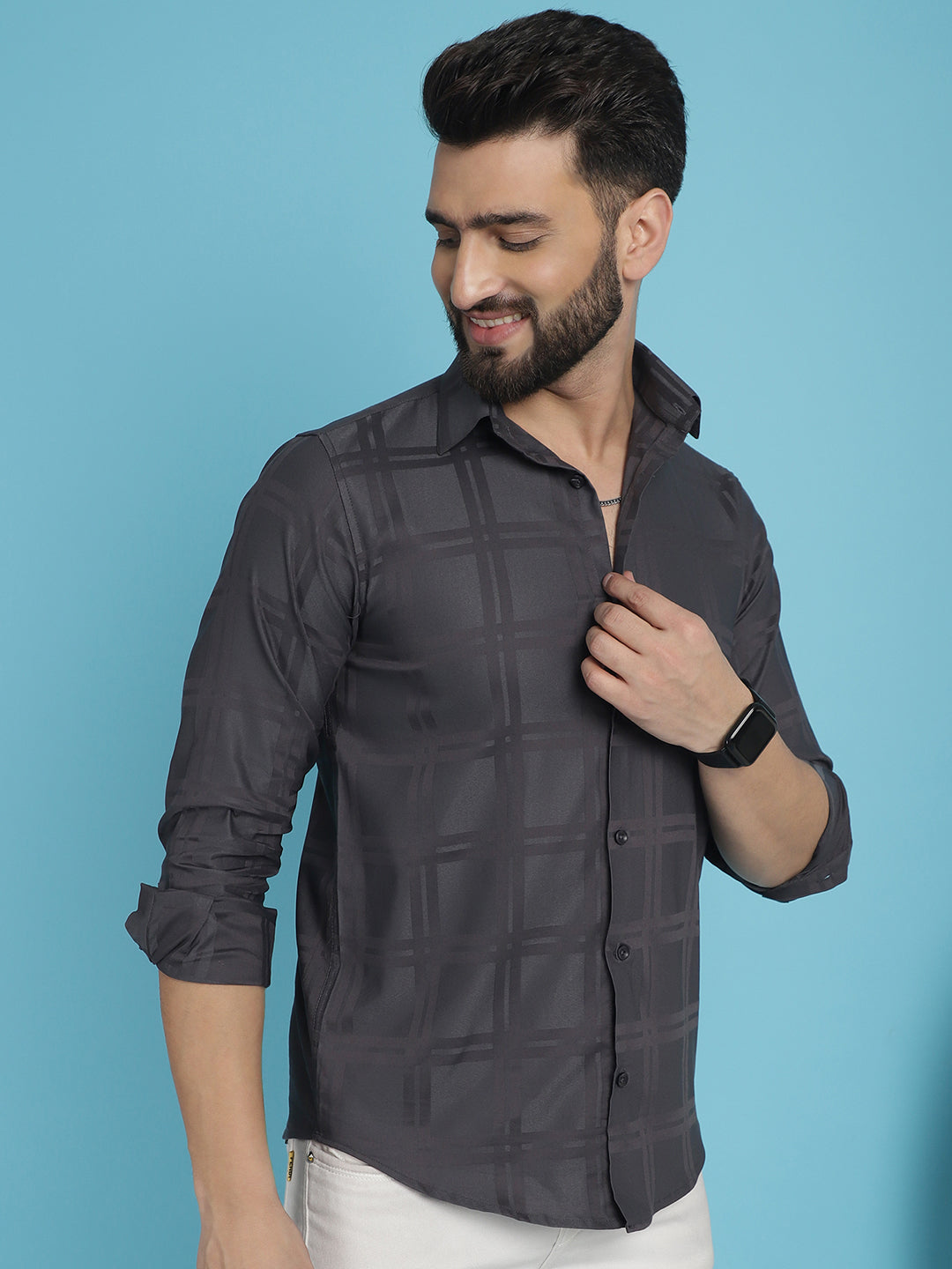 Indian Needle Men's Charcoal Grey Checked Casual Shirt | Swadesiicart