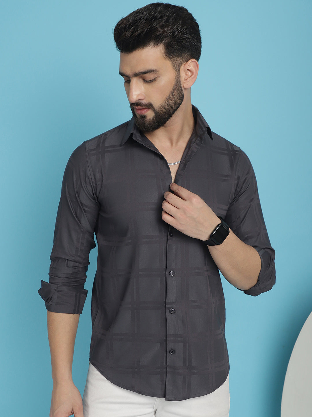 Indian Needle Men's Charcoal Grey Checked Casual Shirt | Swadesiicart