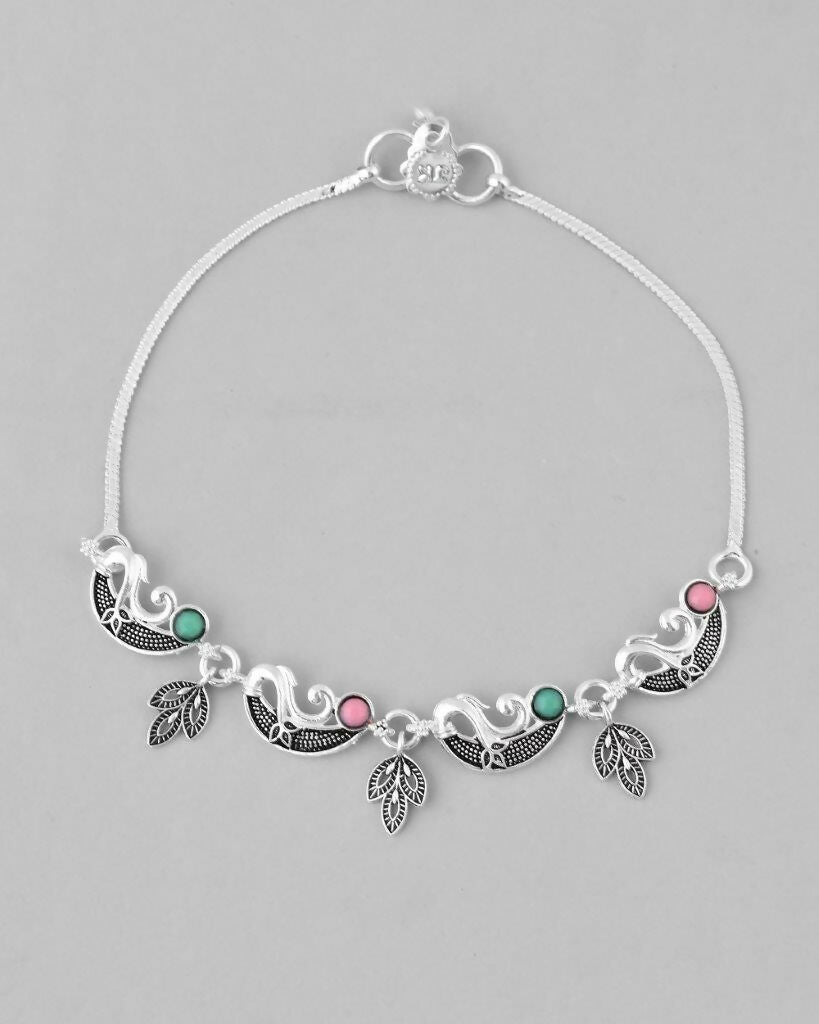 VOJ Set of 2 Silver Plated Multi Color Meenakari Anklet - Swadesiicart