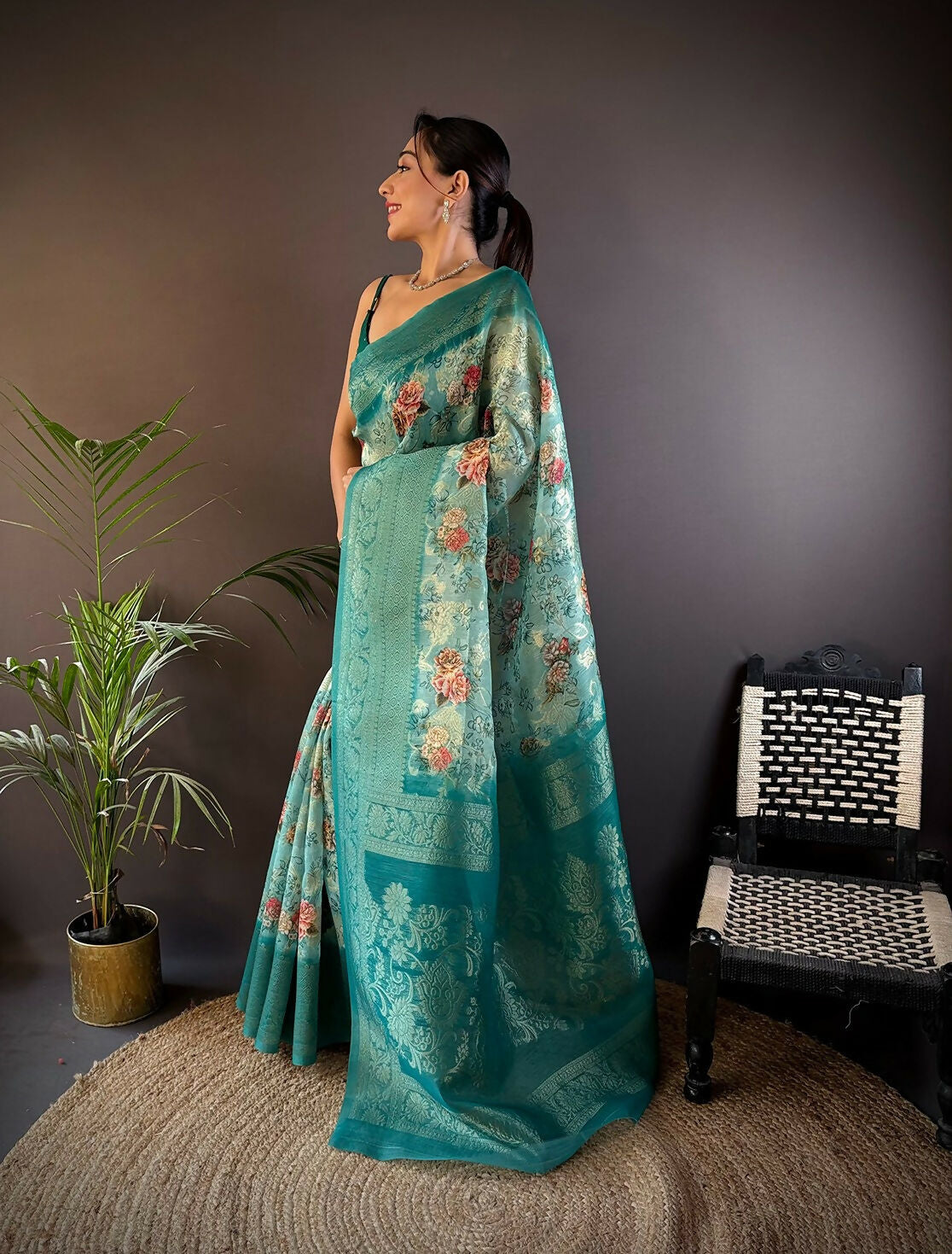 Joban Fashion Teal Floral Motifs Banarasi Silk Sarees | Swadesiicart