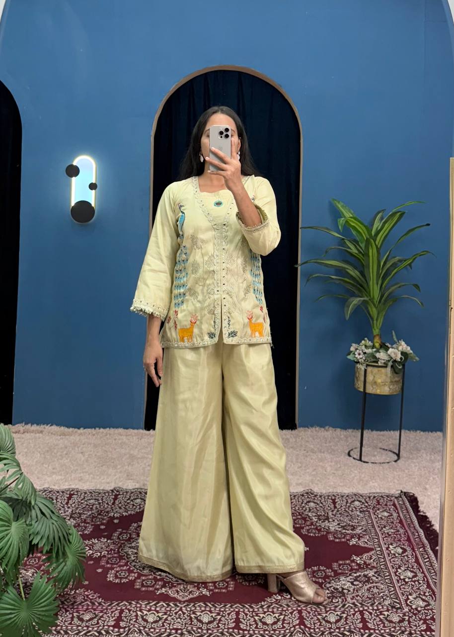Teeya Creation Cream Color Shimmer Silk Embroidery Work Fully Stitched Co-Ord Set - Swadesiicart