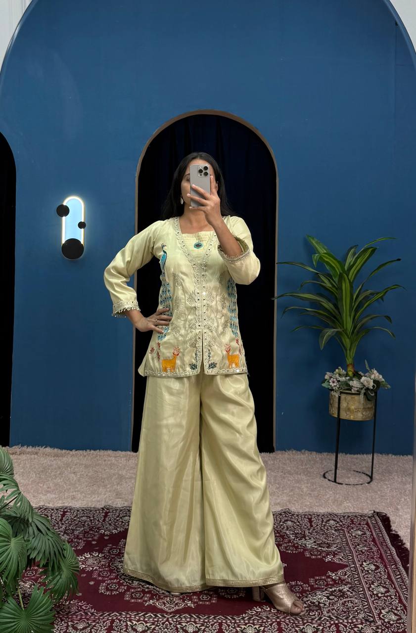 Teeya Creation Cream Color Shimmer Silk Embroidery Work Fully Stitched Co-Ord Set - Swadesiicart