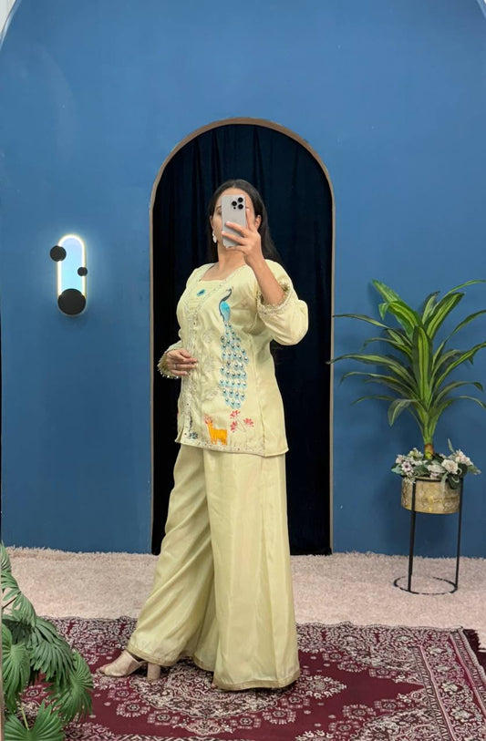 Teeya Creation Cream Color Shimmer Silk Embroidery Work Fully Stitched Co-Ord Set - Swadesiicart