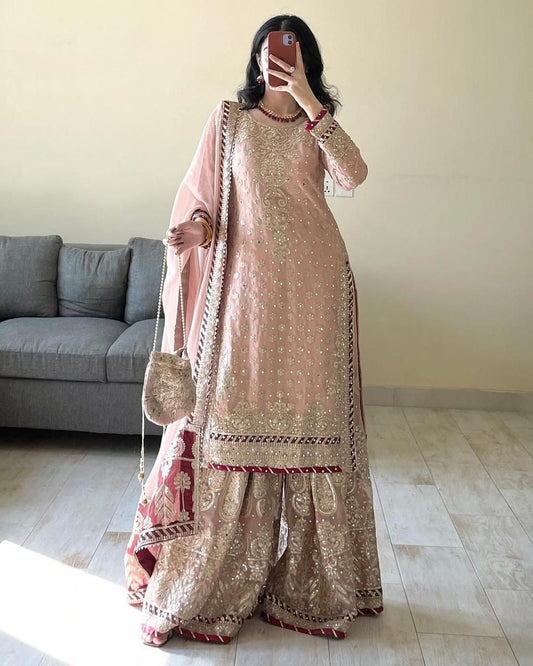 Teeya Creation Peach Color Faux Georgette Heavy Embroidery Work Pakistani Style Fully Stiched Palazo Set - Swadesiicart
