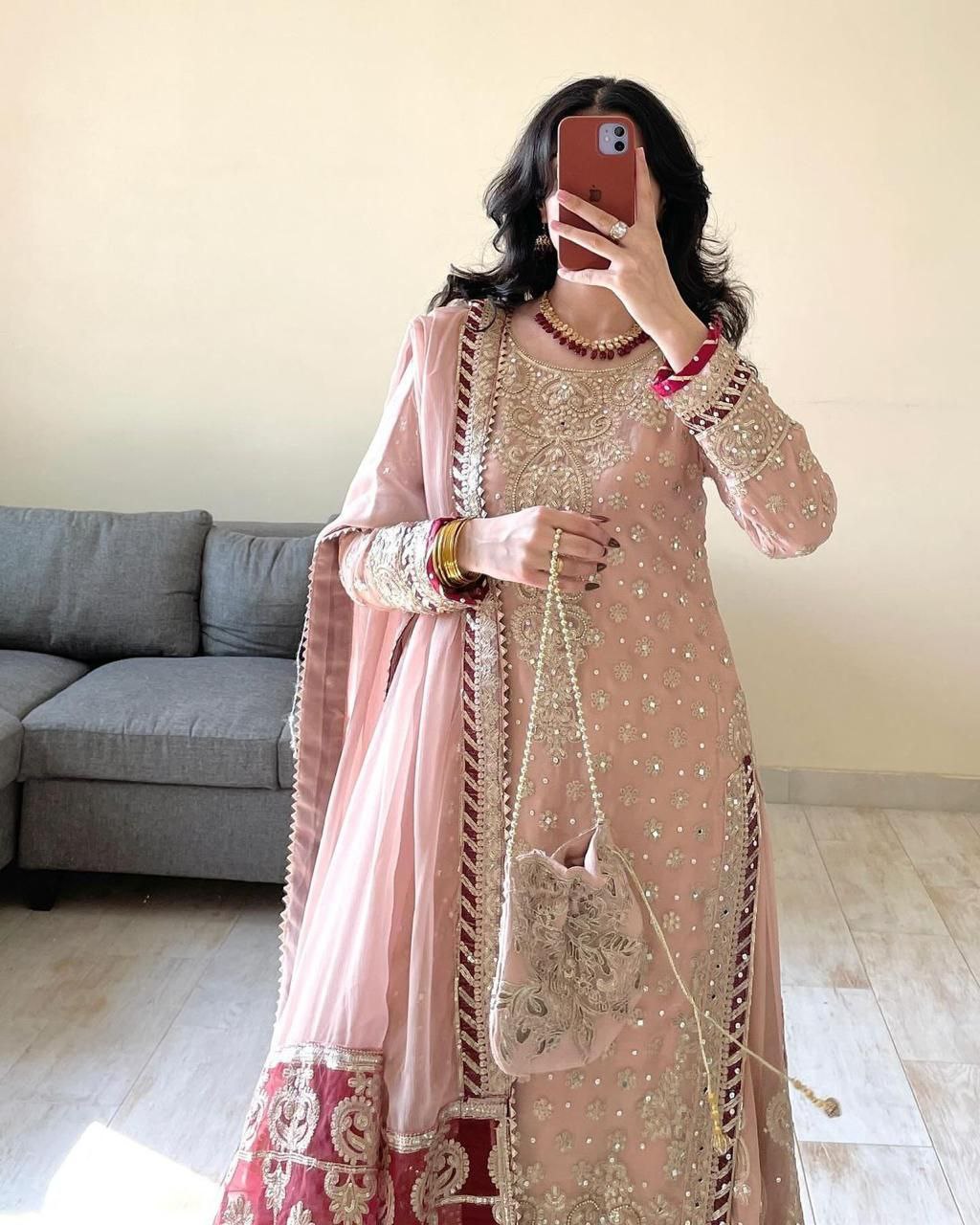 Teeya Creation Peach Color Faux Georgette Heavy Embroidery Work Pakistani Style Fully Stiched Palazo Set - Swadesiicart