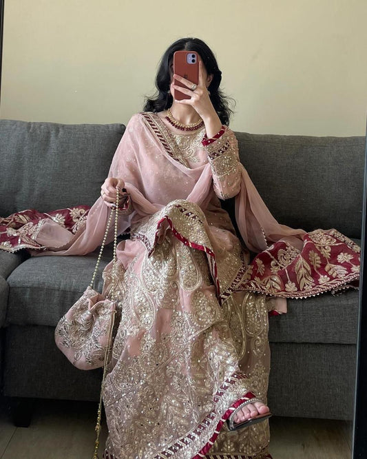 Teeya Creation Peach Color Faux Georgette Heavy Embroidery Work Pakistani Style Fully Stiched Palazo Set - Swadesiicart