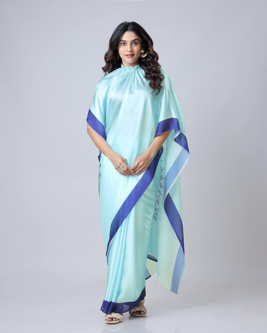 Teeya Creation Blue Color Japan Satin Silk Digital Print Ready To Wear Saree | Swadesiicart