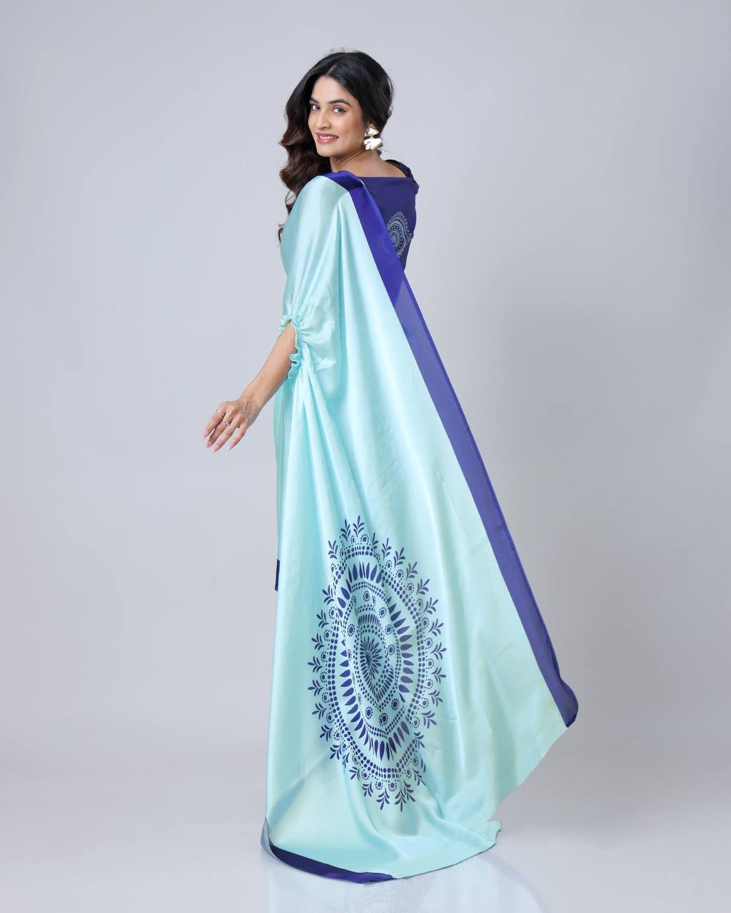 Teeya Creation Blue Color Japan Satin Silk Digital Print Ready To Wear Saree | Swadesiicart
