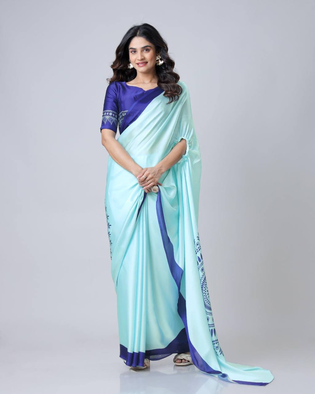 Teeya Creation Blue Color Japan Satin Silk Digital Print Ready To Wear Saree | Swadesiicart