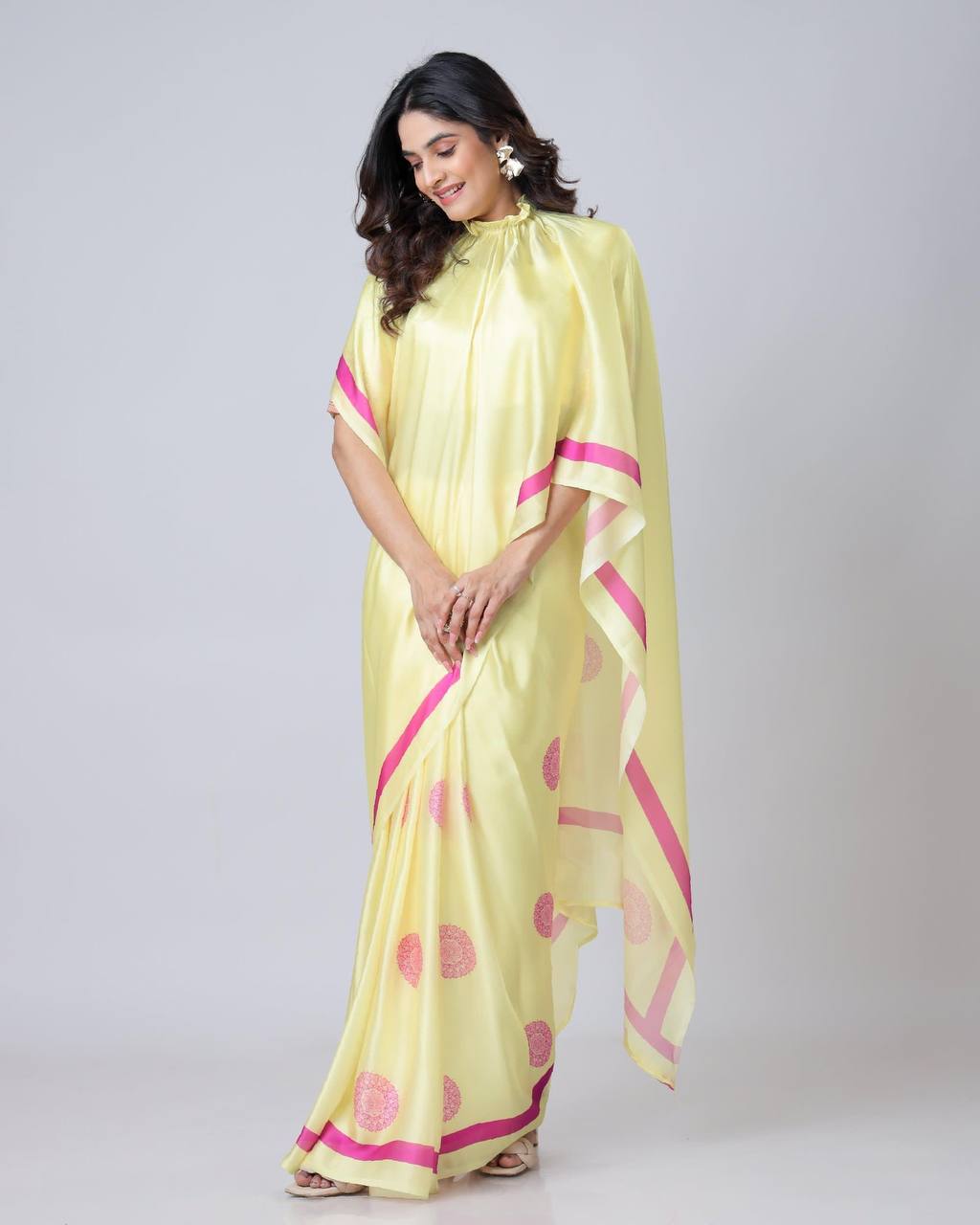 Teeya Creation Light Yellow Color Japan Satin Silk Digital Print Ready To Wear Saree | Swadesiicart