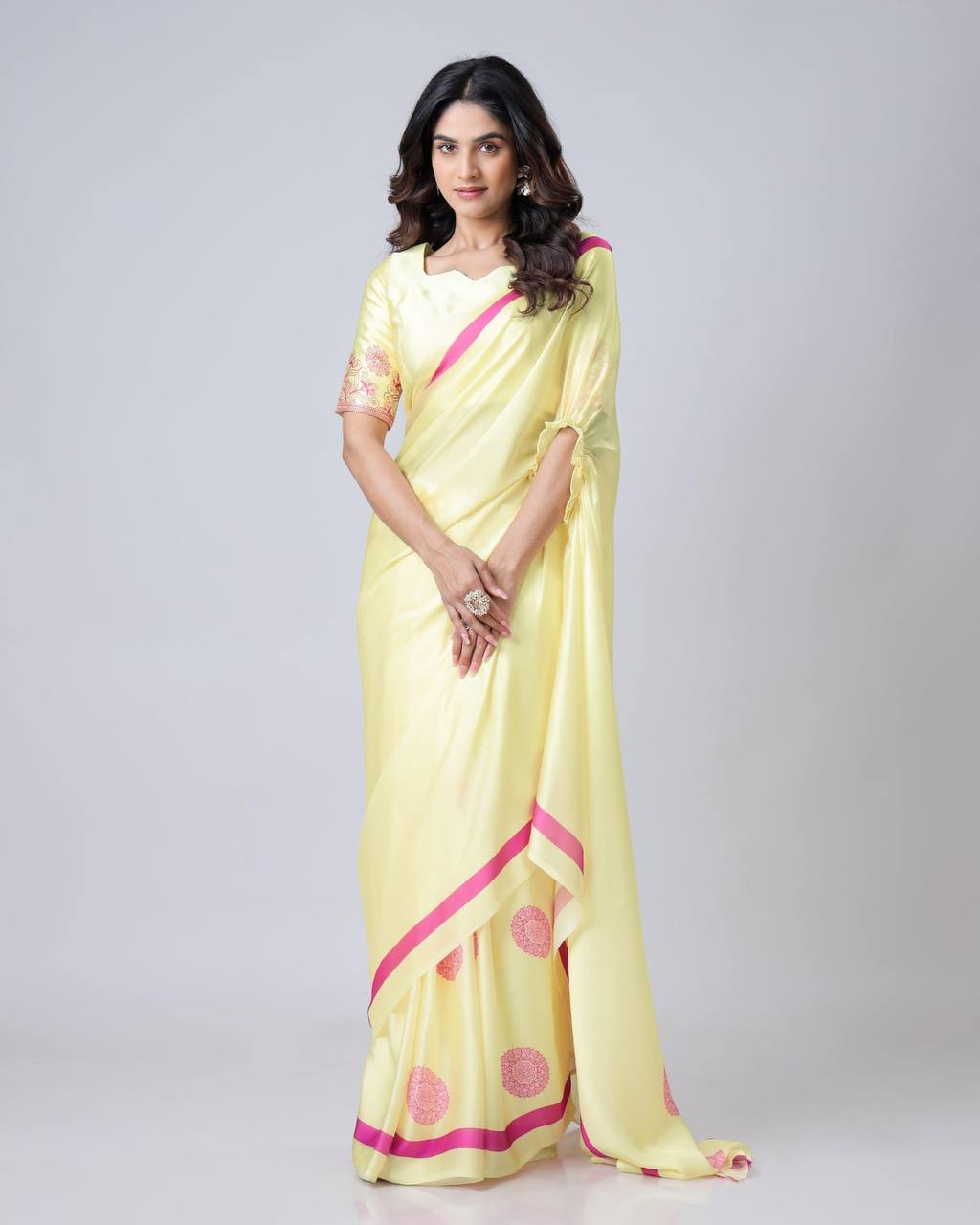 Teeya Creation Light Yellow Color Japan Satin Silk Digital Print Ready To Wear Saree | Swadesiicart