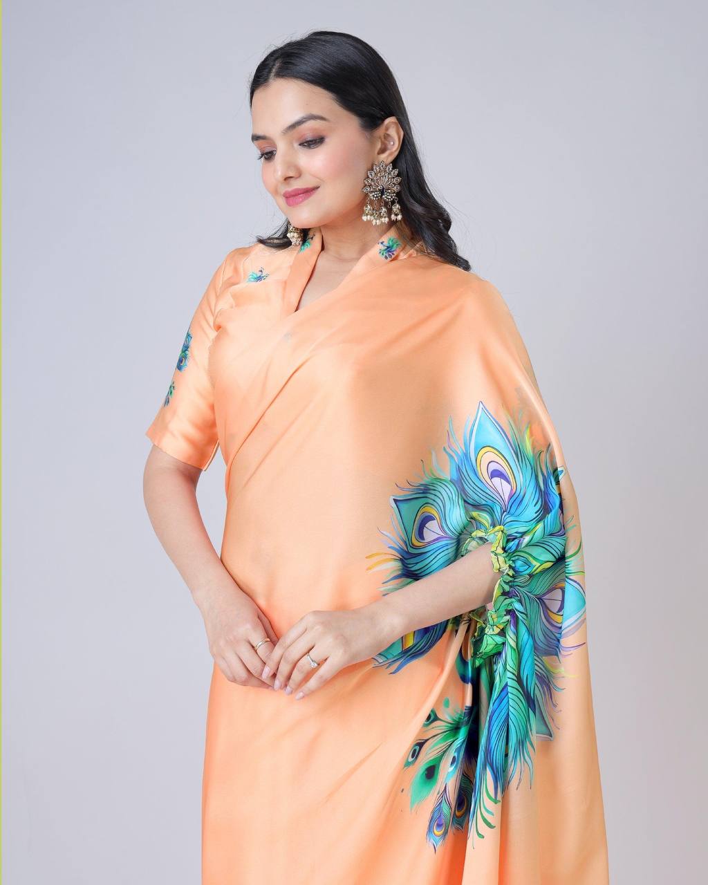 Teeya Creation Orange Color Japan Satin Silk Digital Print Ready To Wear Saree | Swadesiicart